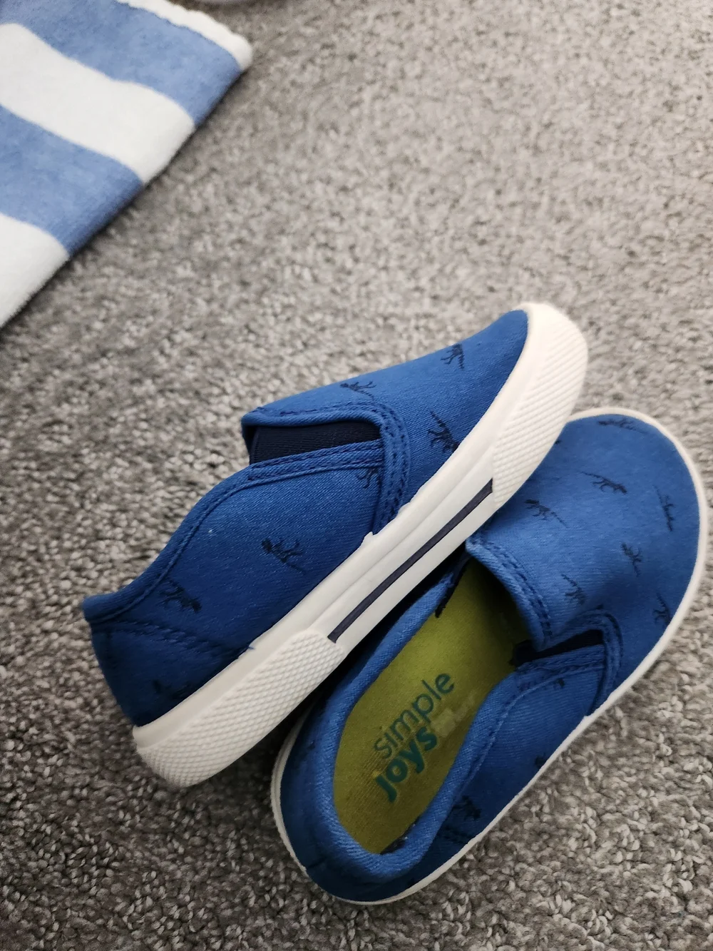 Blue Canvas Slip-On Sneakers with Black Dinosaur Print Size 8